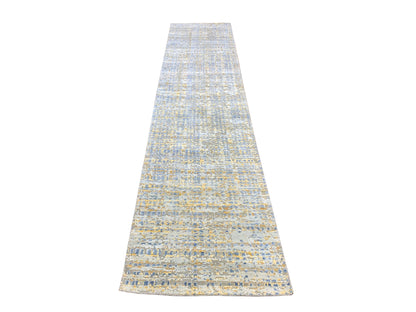 Yellow and L.Blue, Silk and Wool Oxidized Modern Handknotted 2.6x12.0Ft 75x365Cms Area Rug