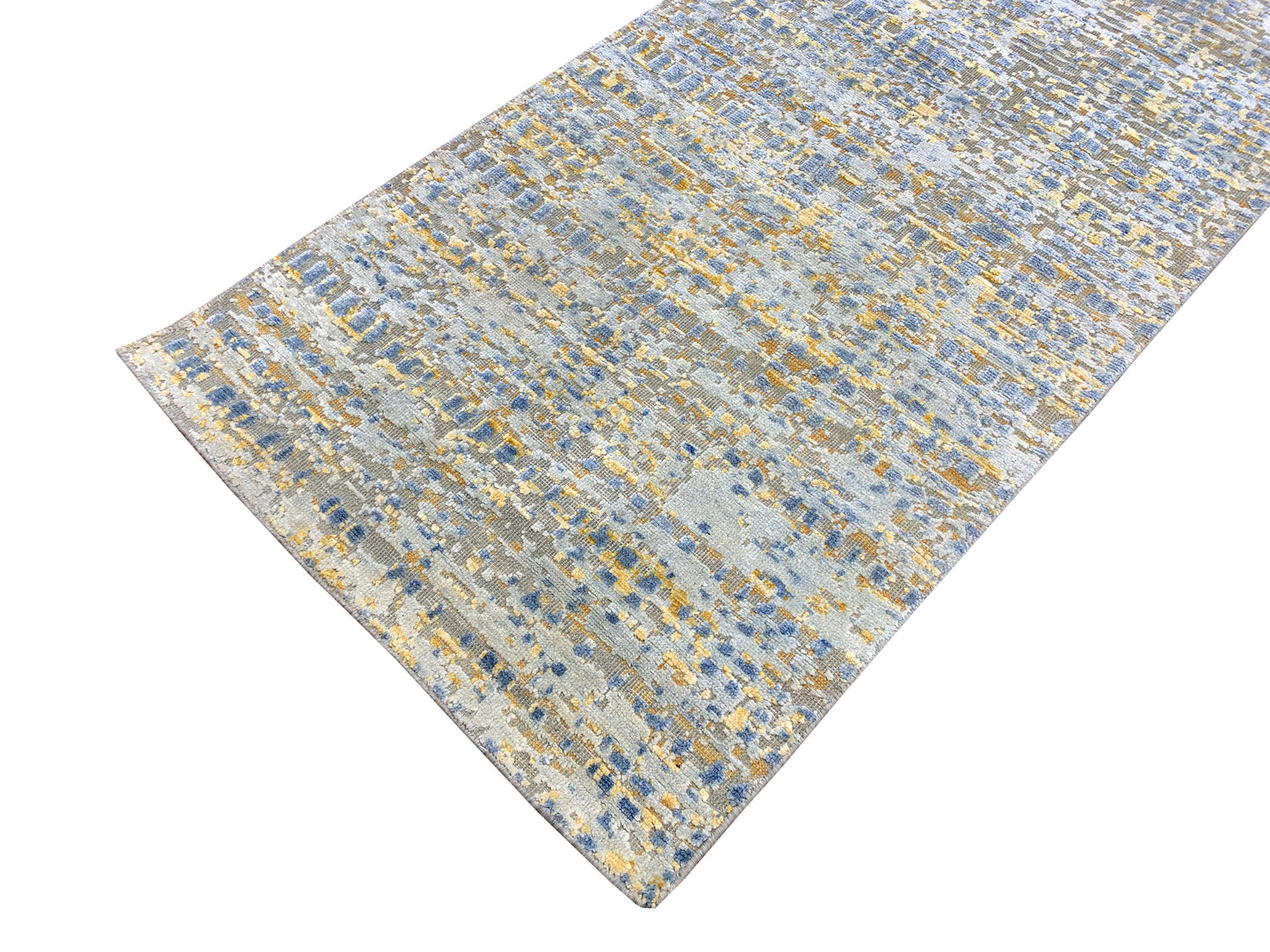 Yellow and L.Blue, Silk and Wool Oxidized Modern Handknotted 2.6x12.0Ft 75x365Cms Area Rug