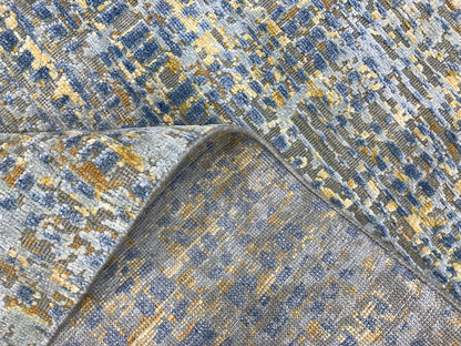 Yellow and L.Blue, Silk and Wool Oxidized Modern Handknotted 2.6x12.0Ft 75x365Cms Area Rug