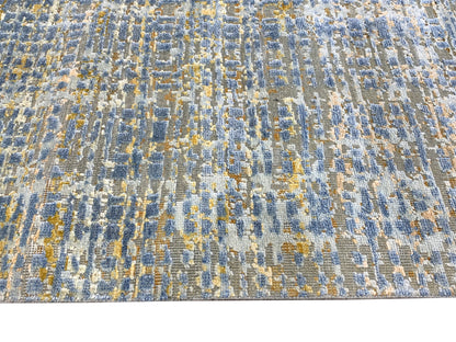 Yellow and L.Blue, Silk and Wool Oxidized Modern Handknotted 2.6x12.0Ft 75x365Cms Area Rug