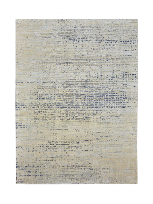 Ivory Blue, Silk Wool Oxidized Textured Modern Handknotted 8.10x12.0Ft 269x367Cms Area Rug