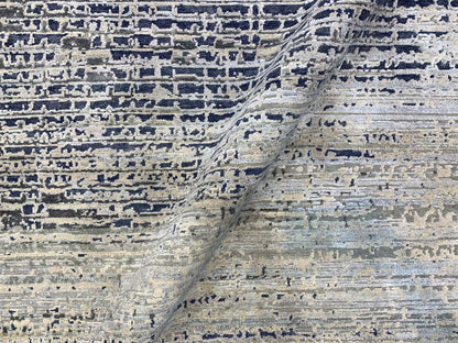 Ivory Blue, Silk Wool Oxidized Textured Modern Handknotted 8.10x12.0Ft 269x367Cms Area Rug