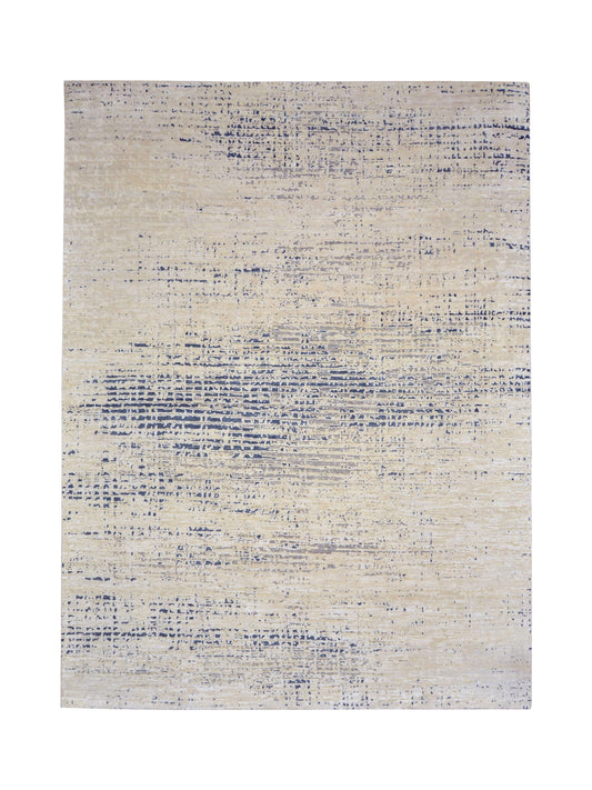 Ivory and Navy Blue, Silk Wool Oxidized Textured Modern Handknotted 8.11x12.0ft 271x365Cms Area Rug