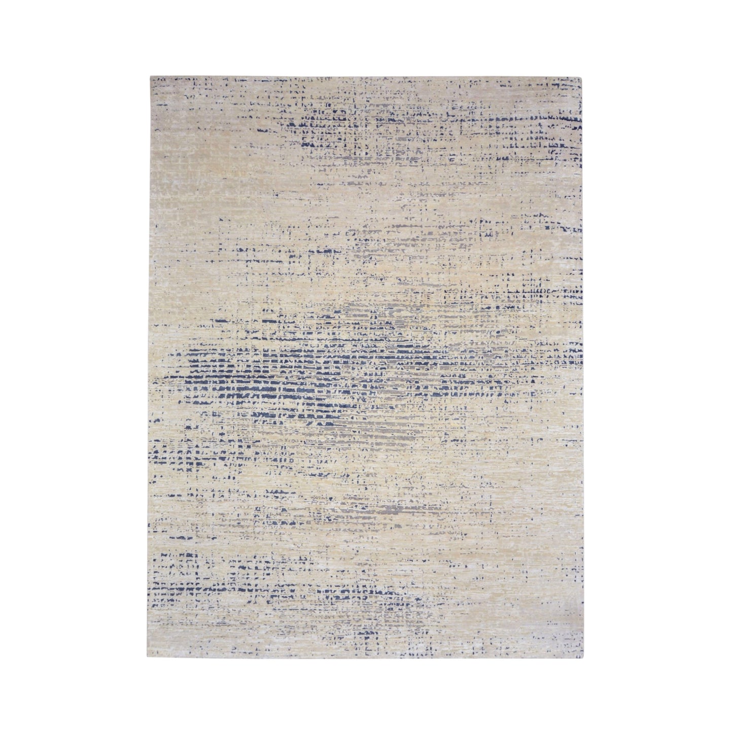 Ivory and Navy Blue, Silk Wool Oxidized Textured Modern Handknotted 8.11x12.0ft 271x365Cms Area Rug