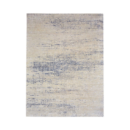 Ivory and Navy Blue, Silk Wool Oxidized Textured Modern Handknotted 8.11x12.0ft 271x365Cms Area Rug