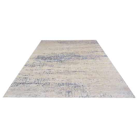 Ivory and Navy Blue, Silk Wool Oxidized Textured Modern Handknotted 8.11x12.0ft 271x365Cms Area Rug