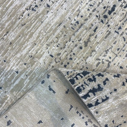 Ivory and Navy Blue, Silk Wool Oxidized Textured Modern Handknotted 8.11x12.0ft 271x365Cms Area Rug