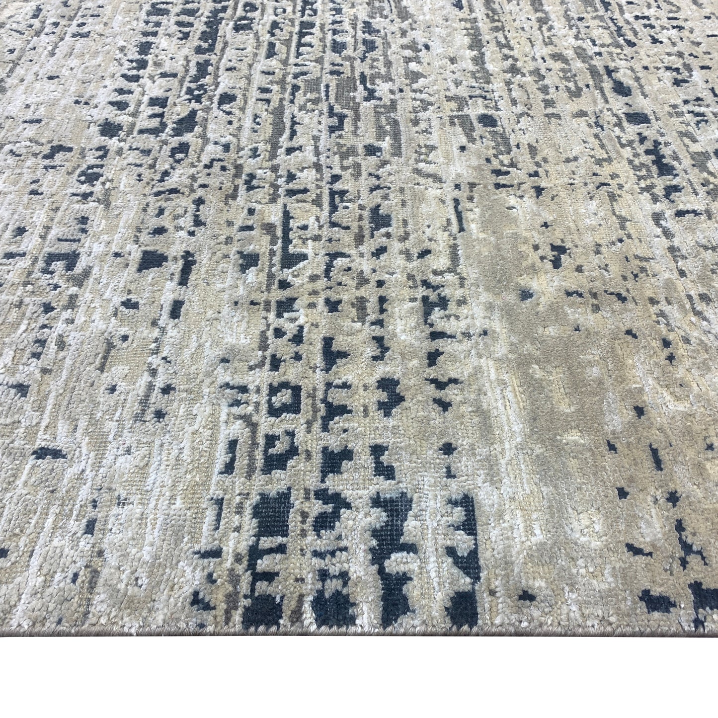 Ivory and Navy Blue, Silk Wool Oxidized Textured Modern Handknotted 8.11x12.0ft 271x365Cms Area Rug