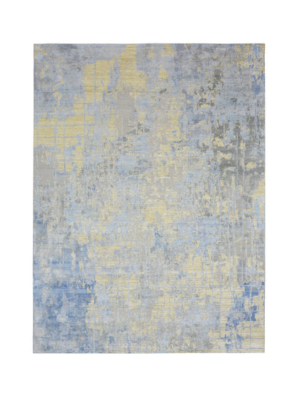 Beige, Grey and Blue Silk and Wool Modern Abstract Handknotted Area Rug