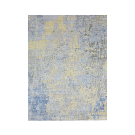 Beige, Grey and Blue Silk and Wool Modern Abstract Handknotted 9.0x12.1Ft 274x368Cms Area Rug