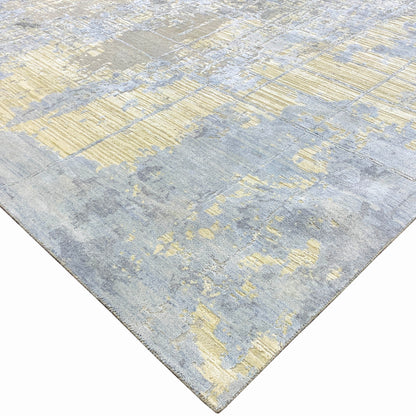 Beige, Grey and Blue Silk and Wool Modern Abstract Handknotted Area Rug