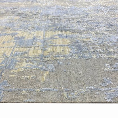 Beige, Grey and Blue Silk and Wool Modern Abstract Handknotted Area Rug