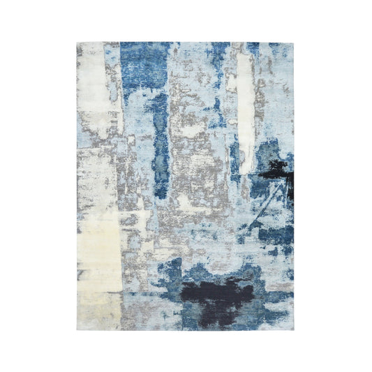Grey, Blue and Beige Silk and Wool Modern Abstract Handknotted 8.11x11.11Ft 271x364Cms Area Rug