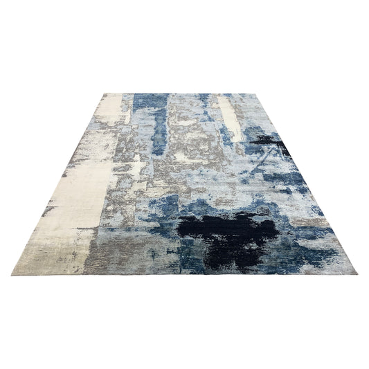 Grey, Blue and Beige Silk and Wool Modern Abstract Handknotted 8.11x11.11Ft 271x364Cms Area Rug