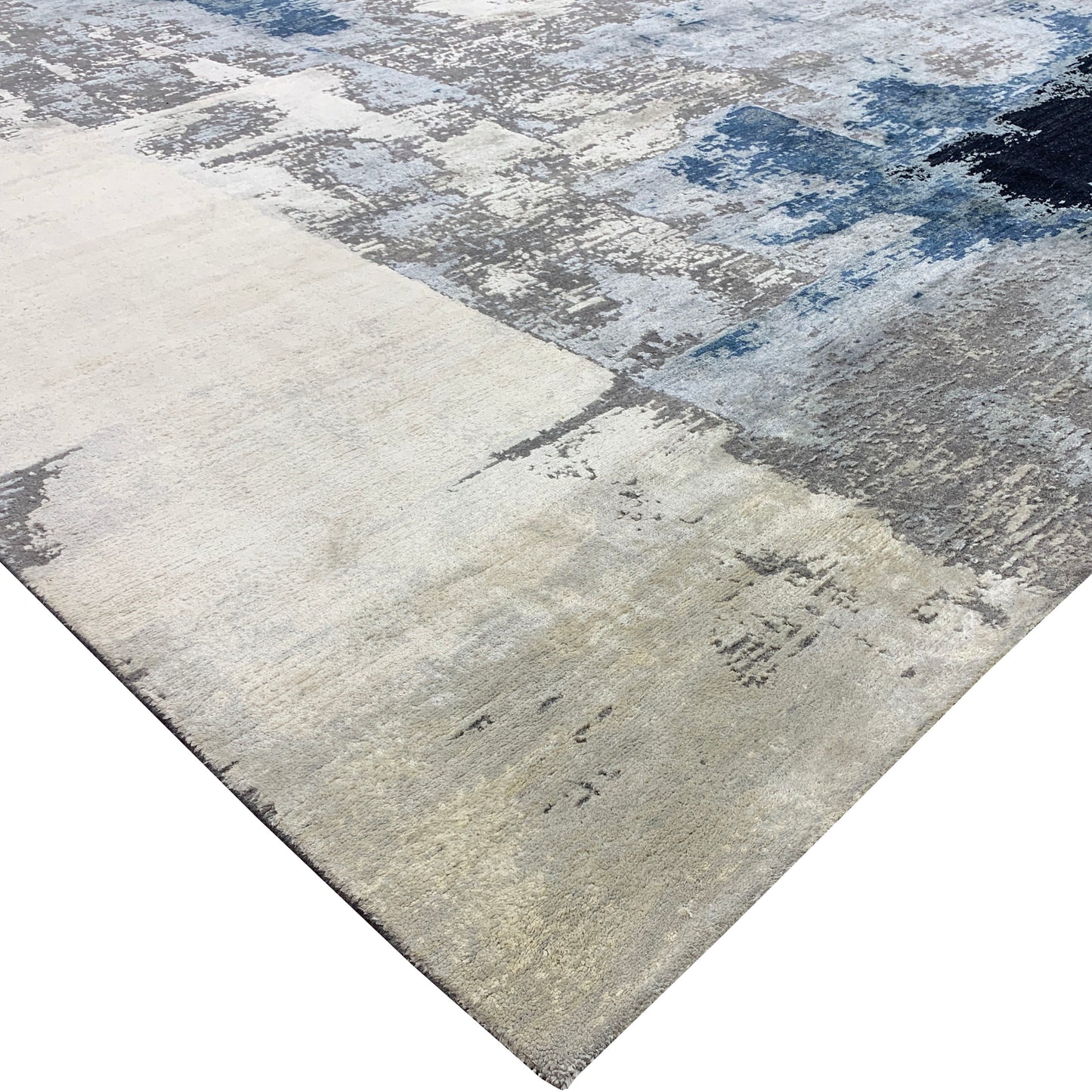 Grey, Blue and Beige Silk and Wool Modern Abstract Handknotted Area Rug