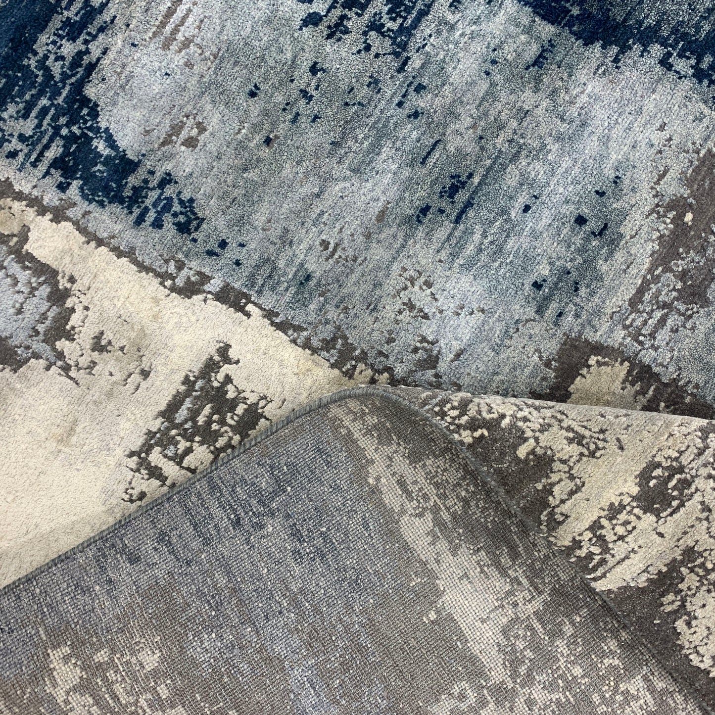 Grey, Blue and Beige Silk and Wool Modern Abstract Handknotted Area Rug