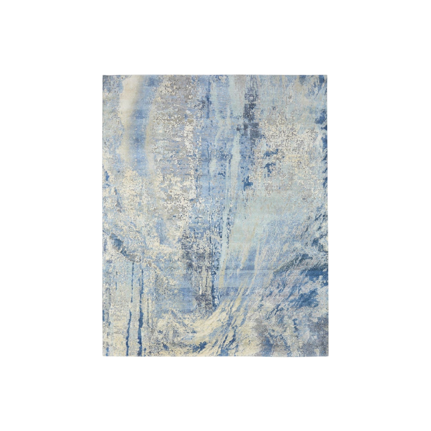Grey and Ivory Silk and Wool Modern Textured Handknotted 7.11x10.4Ft 242x305Cms Area Rug