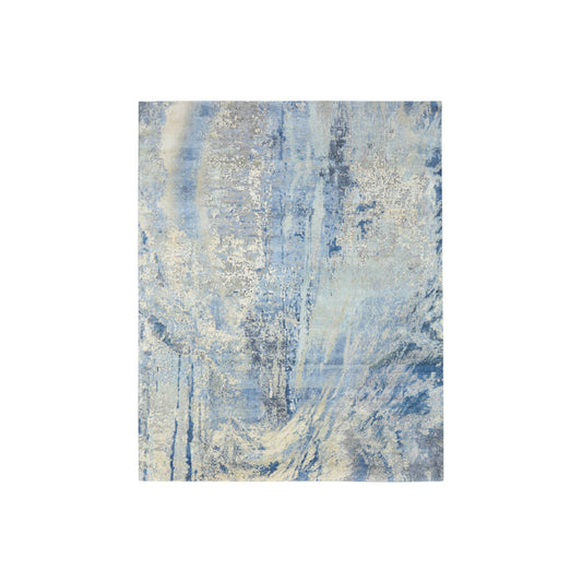 Grey and Ivory Silk and Wool Modern Textured Handknotted 7.11x10.4Ft 242x305Cms Area Rug