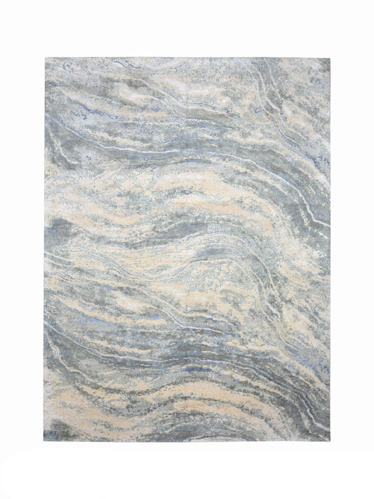 Beige and Grey Silk and Wool Modern Abstract Handknotted Area Rug