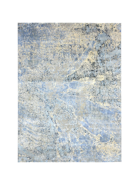 Grey, Blue and Beige Silk and Wool Modern Abstract Handknotted Area Rug