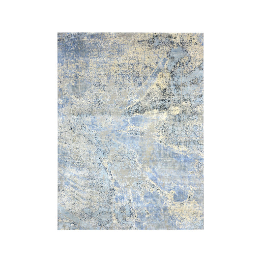 Grey, Blue and Beige Silk and Wool Modern Abstract Handknotted 8.10x12.0Ft 270x365Cms Area Rug
