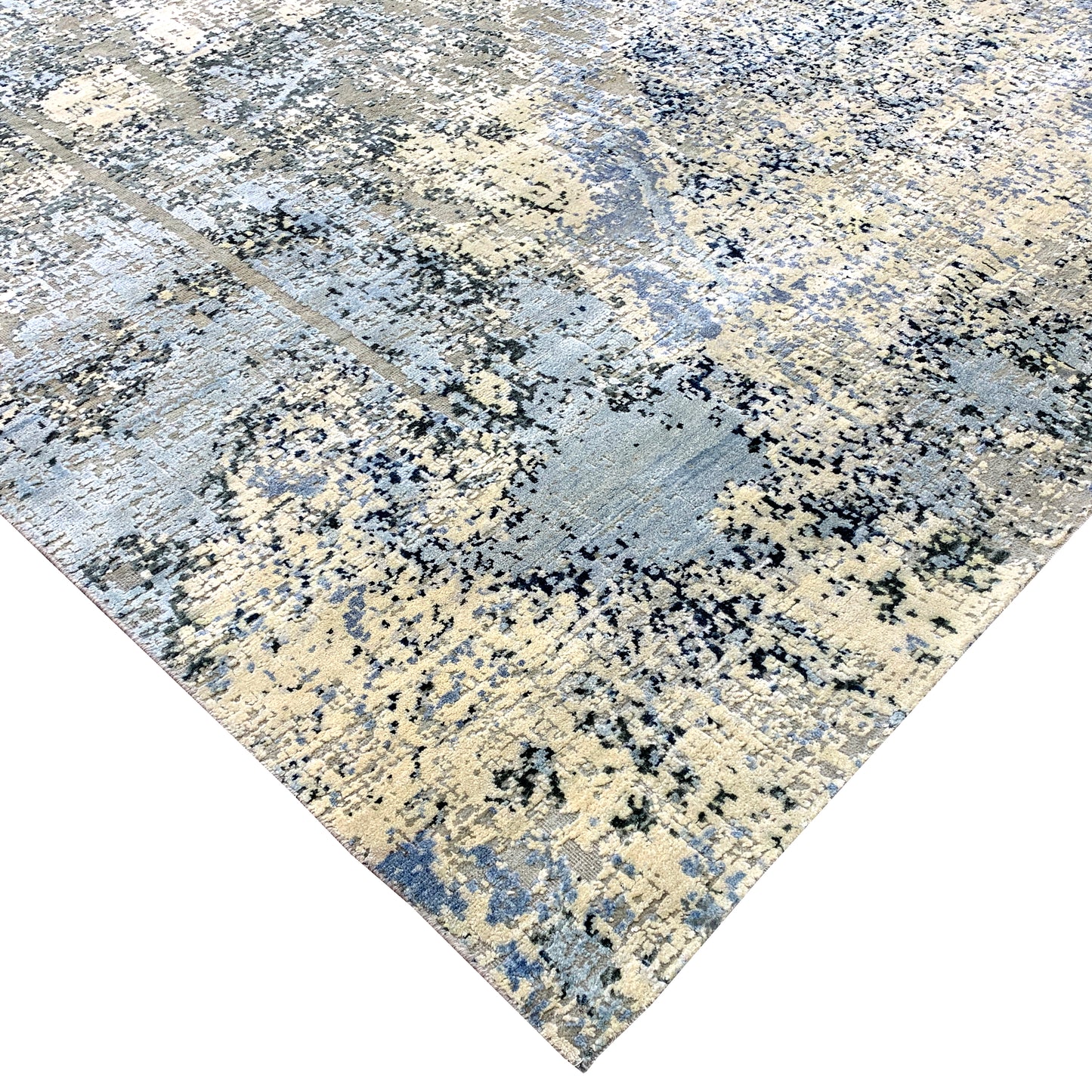 Grey, Blue and Beige Silk and Wool Modern Abstract Handknotted Area Rug