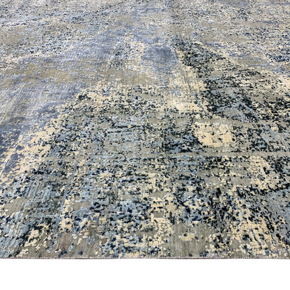 Grey, Blue and Beige Silk and Wool Modern Abstract Handknotted Area Rug