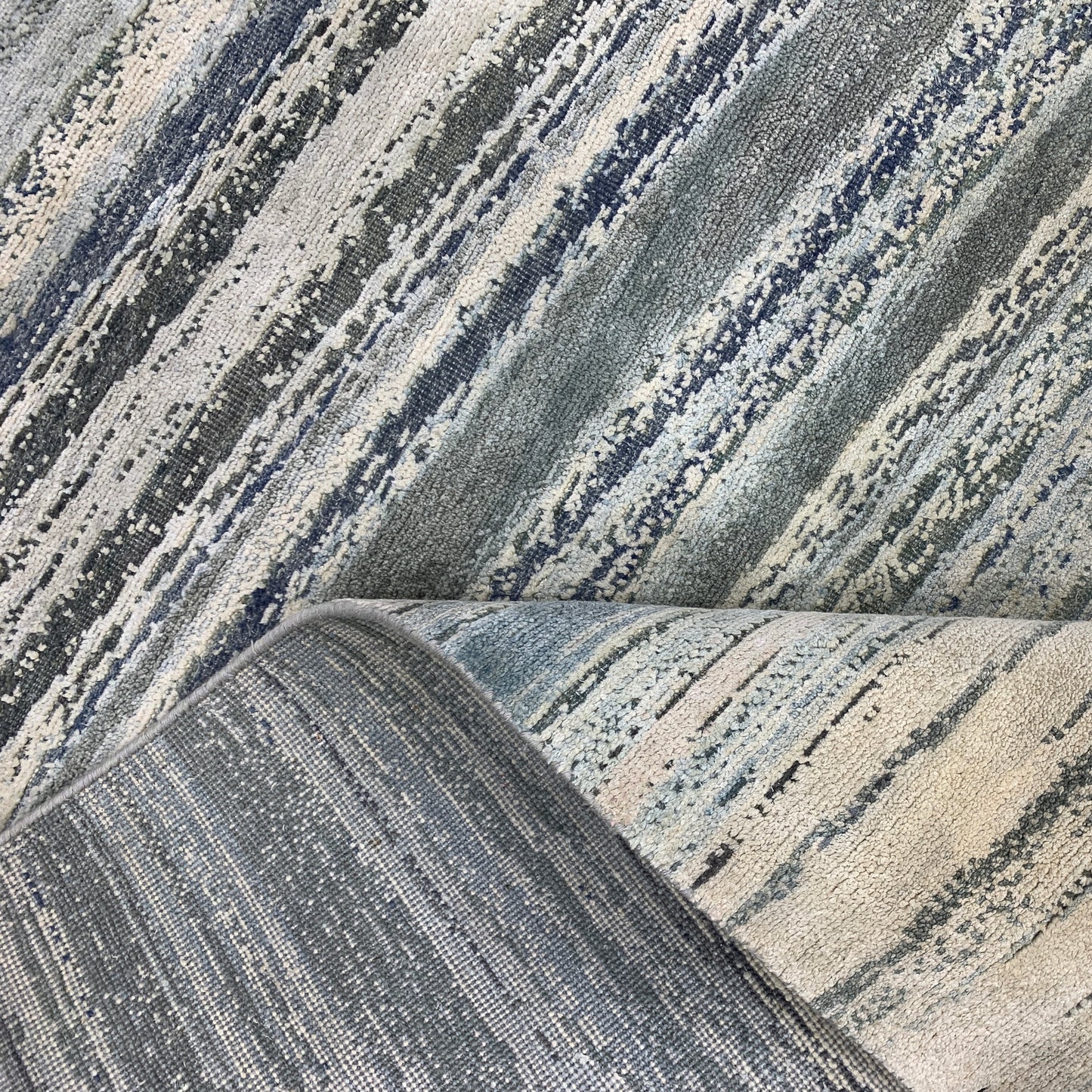 Grey and Blue Silk and Wool Modern Abstract Handknotted Area Rug