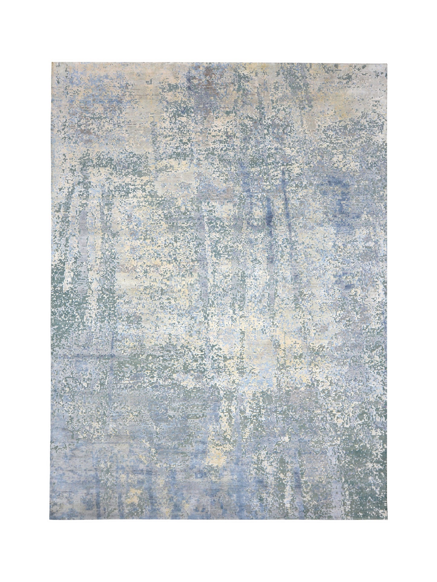 Silver, Blue and Beige Silk and Wool Modern Abstract Handknotted Area Rug