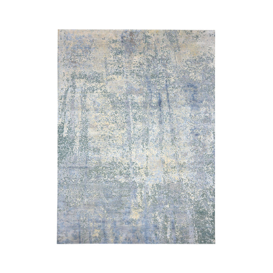 Silver, Blue and Beige Silk and Wool Modern Abstract Handknotted 8.11x12.2Ft 270x370Cms Area Rug