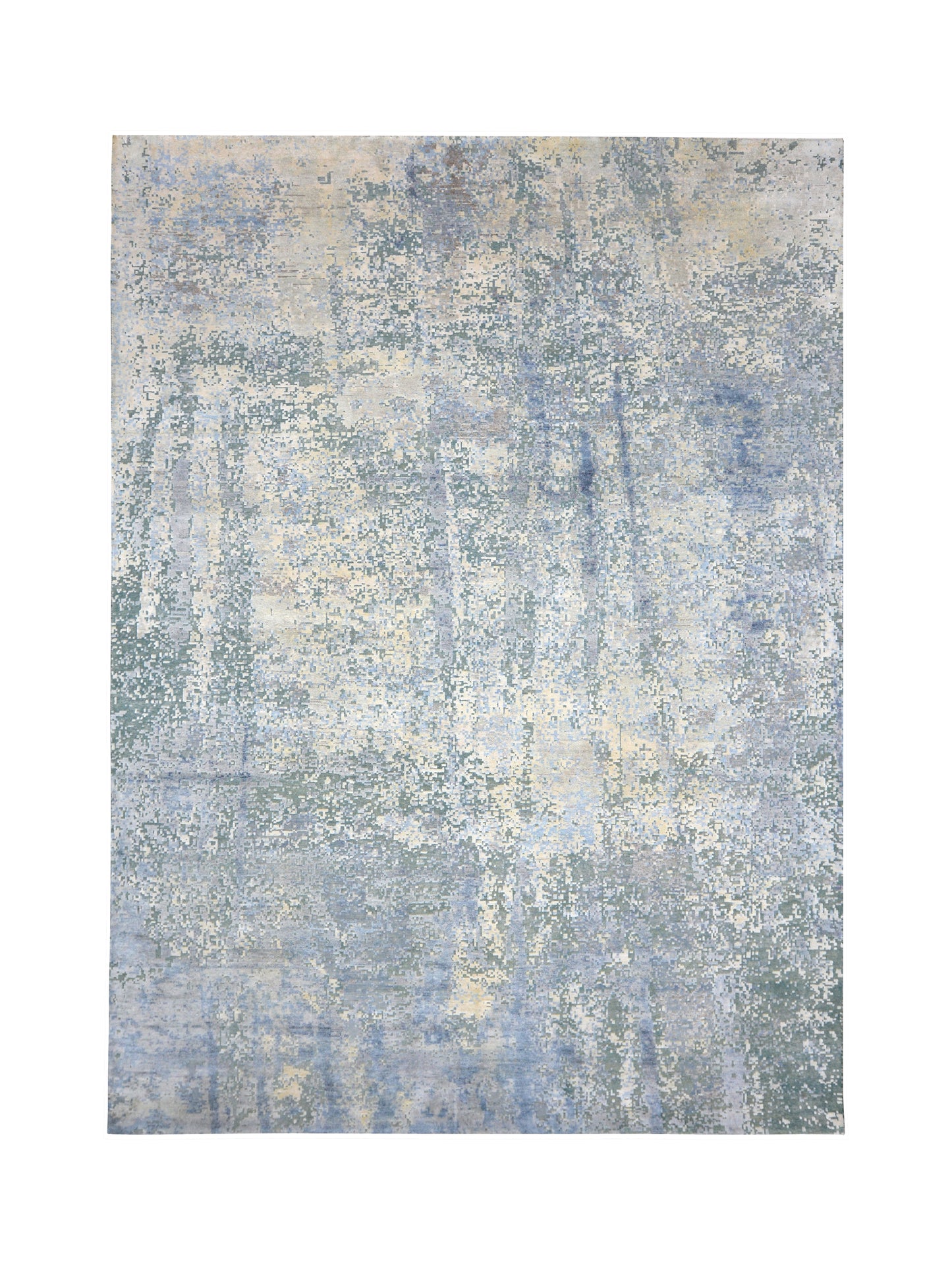 Silver, Blue and Beige Silk and Wool Modern Abstract Handknotted 8.11x12.2Ft 270x370Cms Area Rug