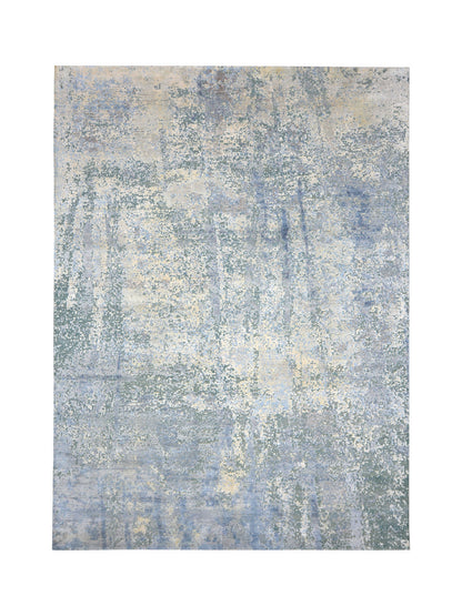 Silver, Blue and Beige Silk and Wool Modern Abstract Handknotted 8.11x12.2Ft 270x370Cms Area Rug
