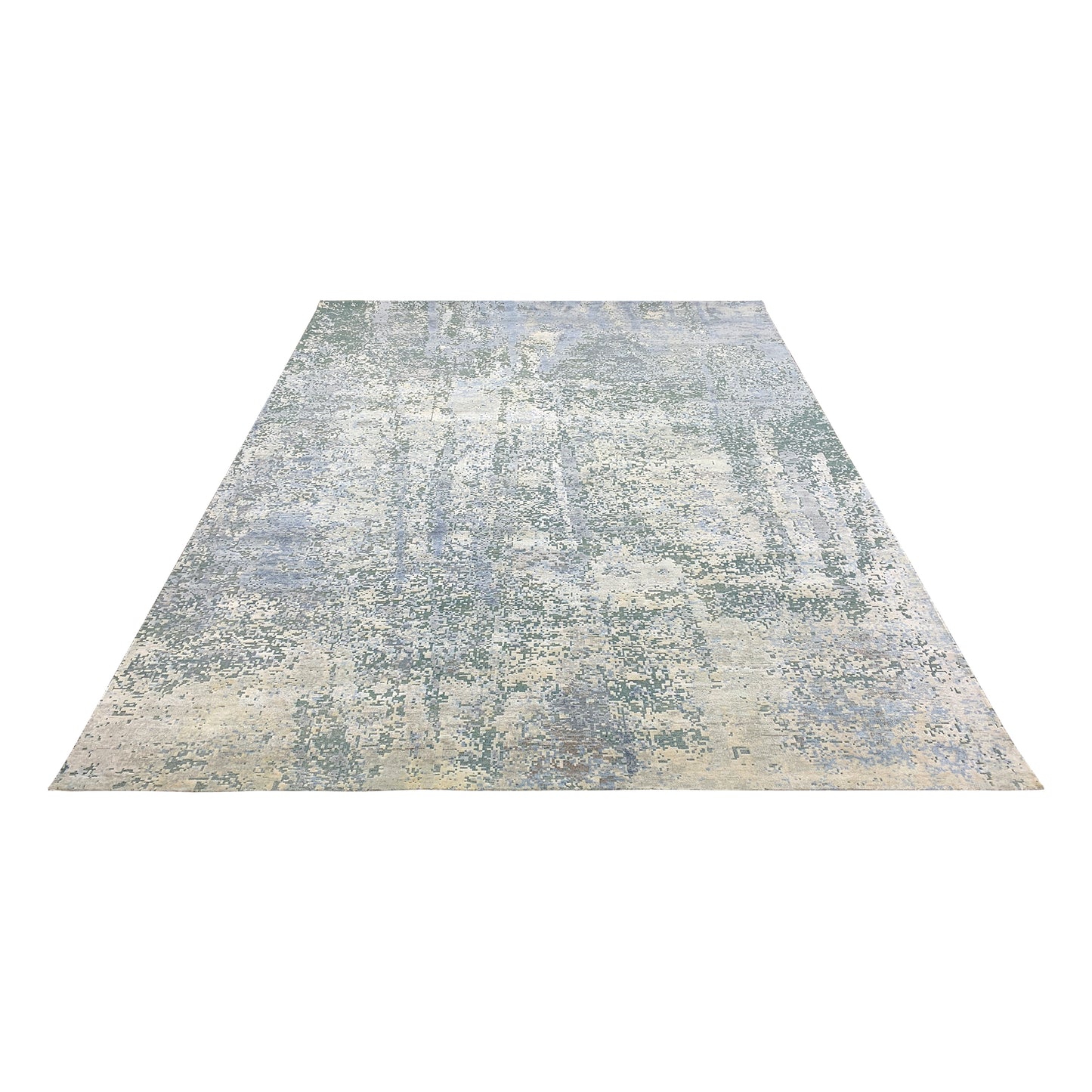 Silver, Blue and Beige Silk and Wool Modern Abstract Handknotted Area Rug