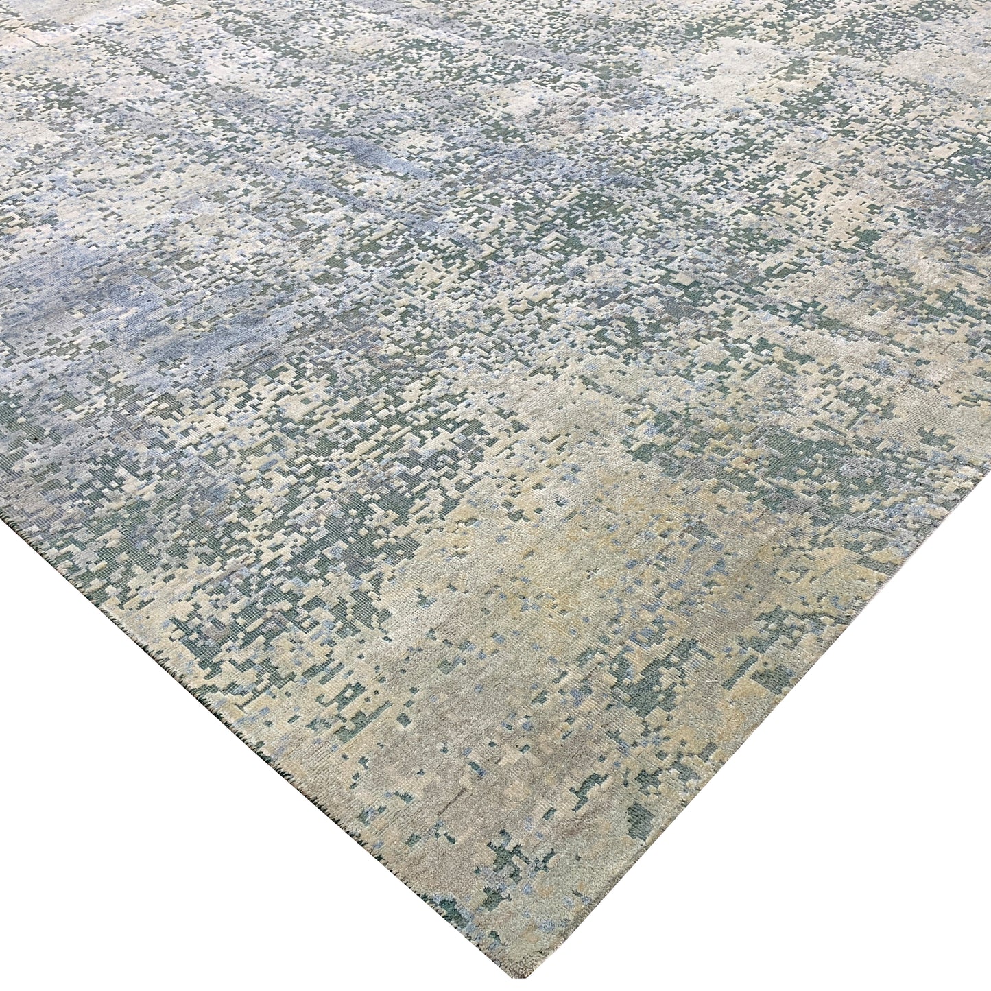 Silver, Blue and Beige Silk and Wool Modern Abstract Handknotted 8.11x12.2Ft 270x370Cms Area Rug