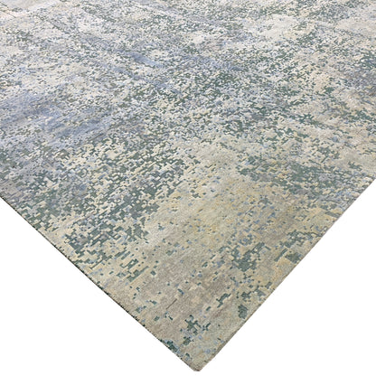 Silver, Blue and Beige Silk and Wool Modern Abstract Handknotted 8.11x12.2Ft 270x370Cms Area Rug