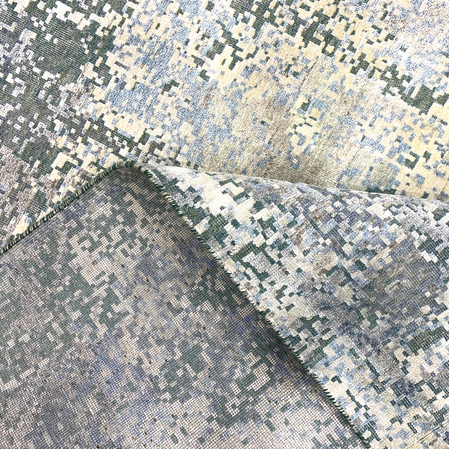 Silver, Blue and Beige Silk and Wool Modern Abstract Handknotted 8.11x12.2Ft 270x370Cms Area Rug