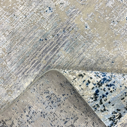 Grey, Silver and Blue Silk and Wool Modern Handknotted Area Rug