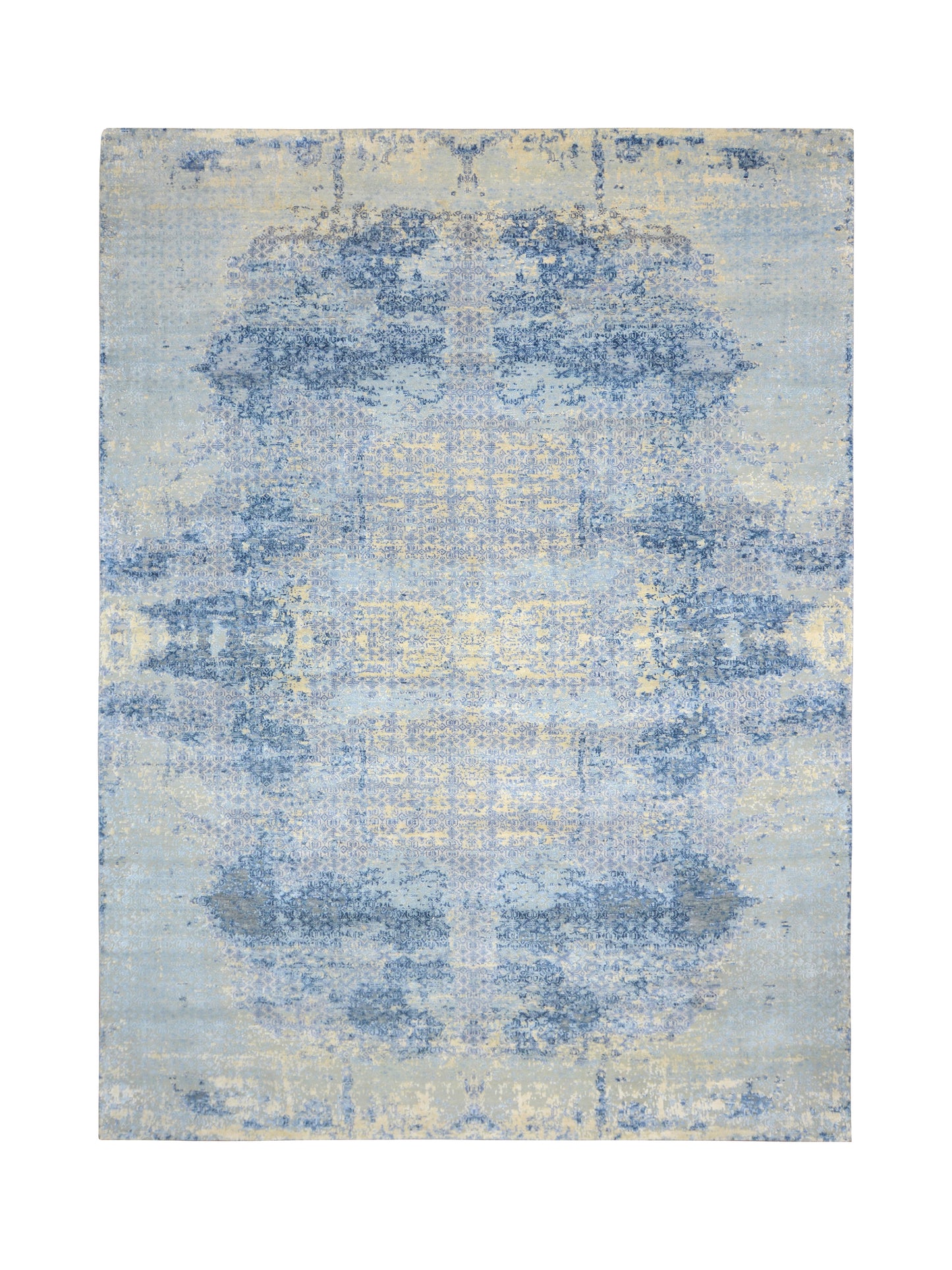 Beige and Blue Silk and Wool Modern Textured Handknotted Area Rug