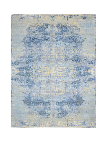 Beige and Blue Silk and Wool Modern Textured Handknotted Area Rug