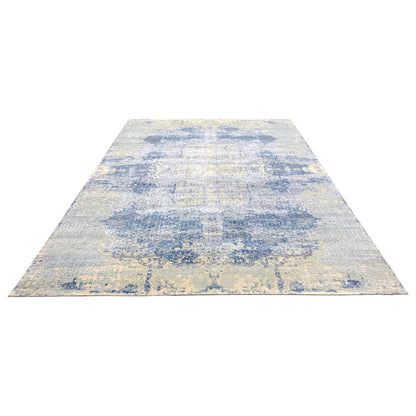 Beige and Blue Silk and Wool Modern Textured Handknotted Area Rug