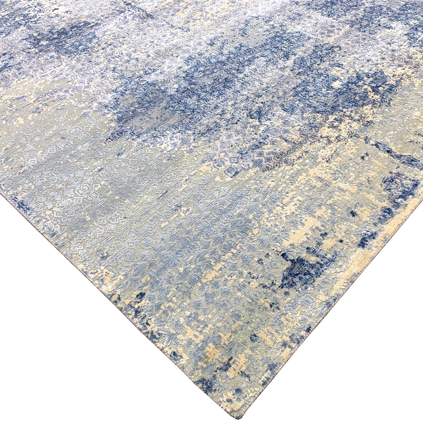 Beige and Blue Silk and Wool Modern Textured Handknotted Area Rug