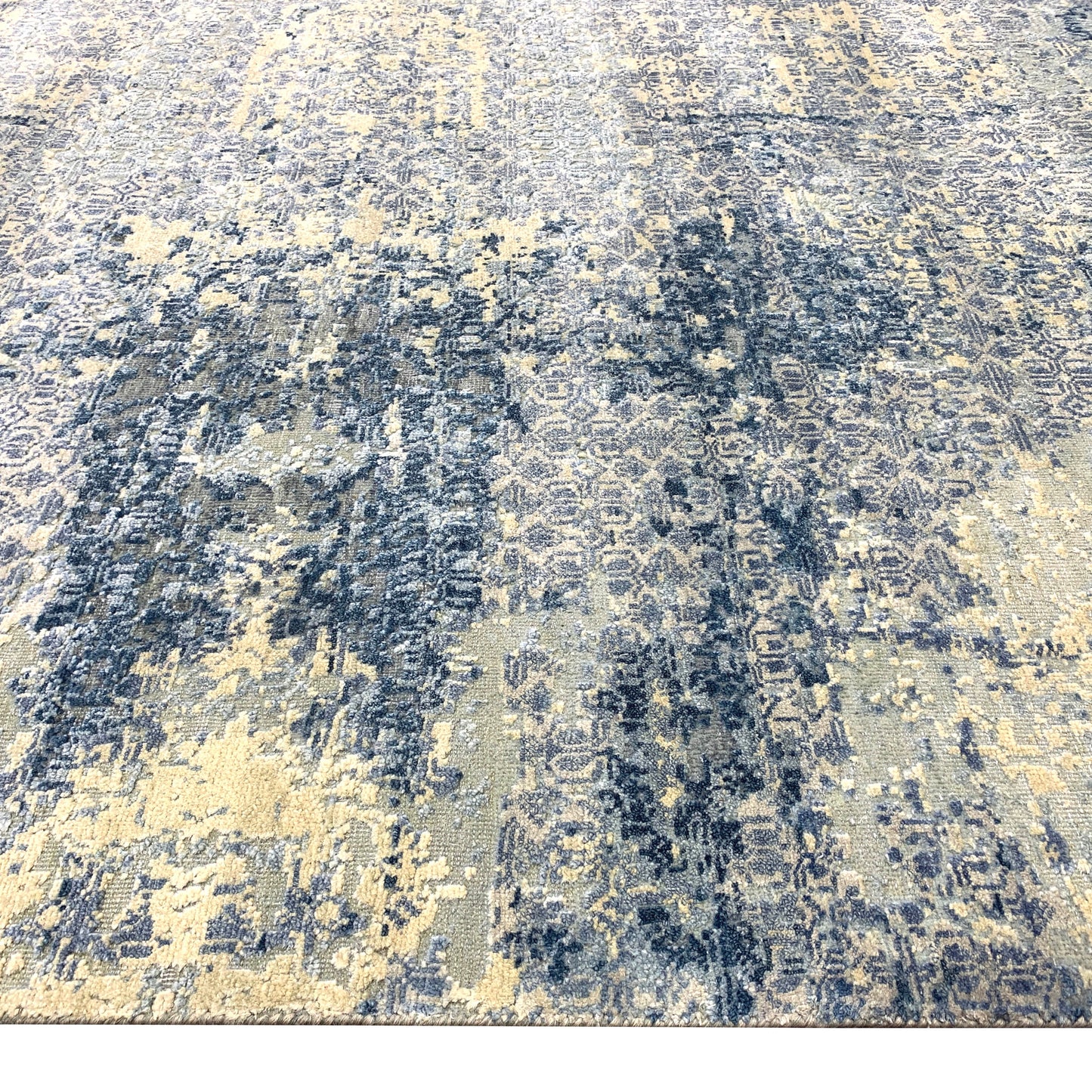 Beige and Blue Silk and Wool Modern Textured Handknotted Area Rug