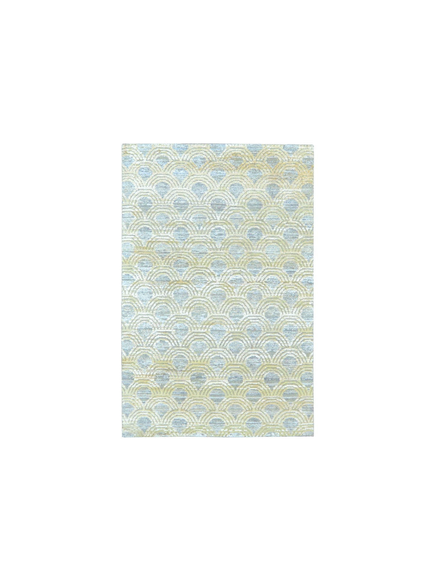 Beige and Blue Silk Wool Modern Pattern Handknotted Area Rug