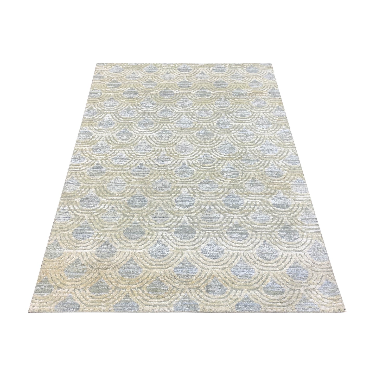 Beige and Blue Silk Wool Modern Pattern Handknotted Area Rug