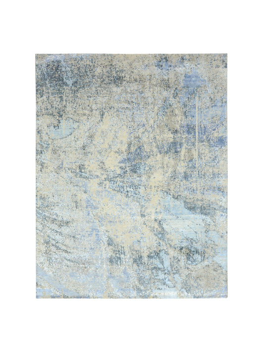 Grey and Blue Silk and Wool Modern Textured Handknotted Area Rug