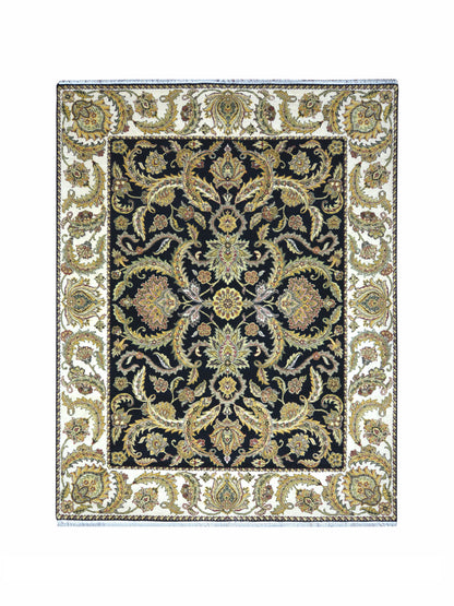 Black and Ivory Pure Wool Traditional Jaipur Handknotted Area Rug