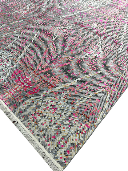 Pink and Grey, Sari Silk and Wool Oxidized Modern Handknotted 9.0x12.0Ft 275x365Cms Area Rug