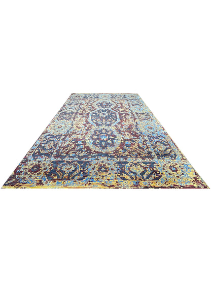 Yellow, Red Viscose & Wool Handknotted Area Rug 8.10x11.11ft 268x364Cms