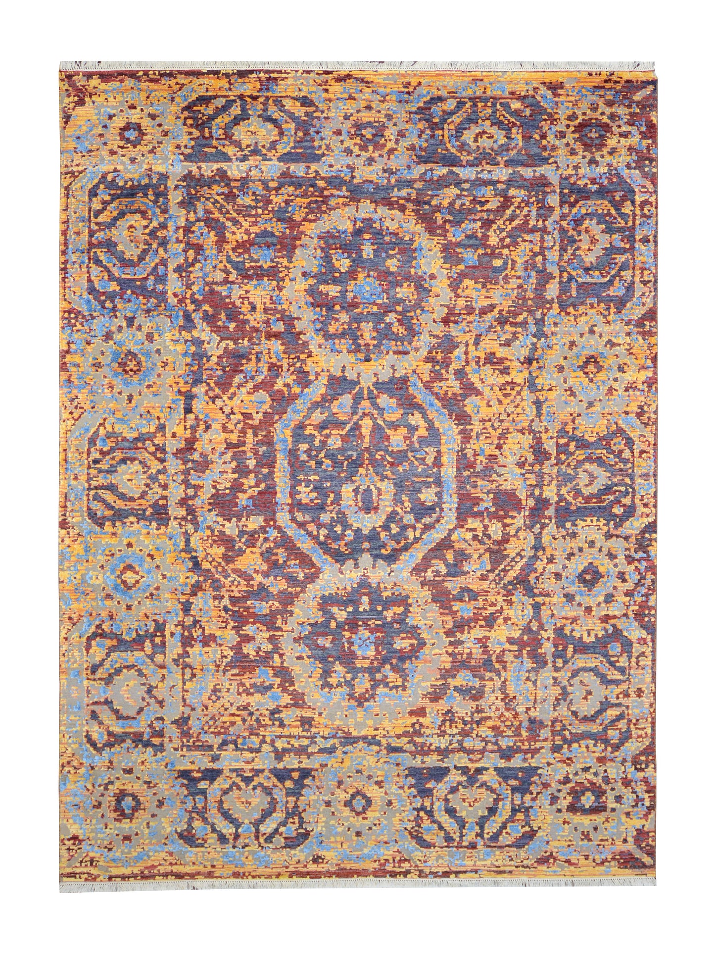 Orange and D. Blue, Viscose and Wool Oxidized Traditional Handknotted 9.0x12.0Ft 275x365Cms Area Rug