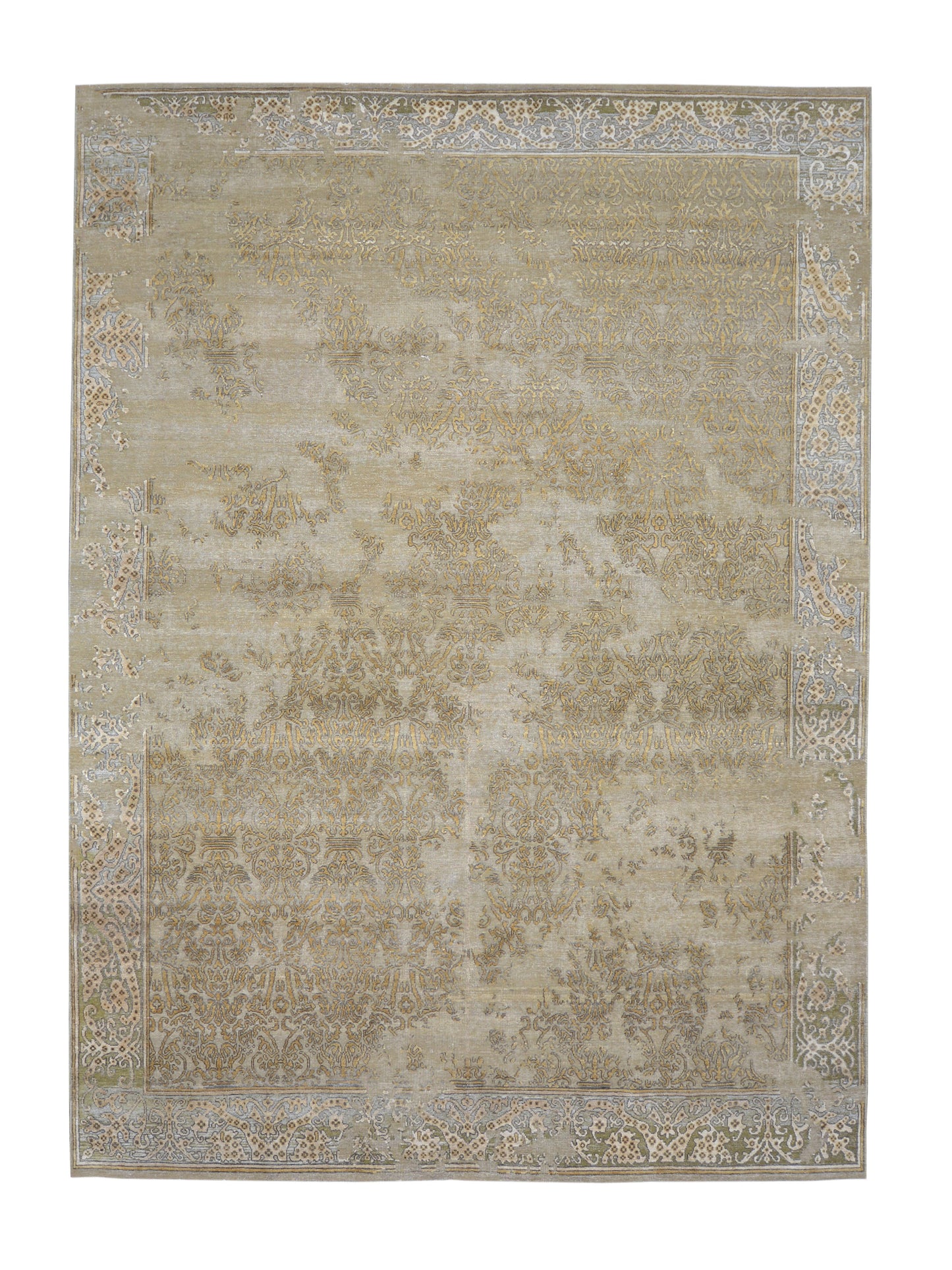 Beige and Gold, Silk and Wool Oxidized Transitional Handknotted 9.0X12.0Ft 275x365Cms Area Rug